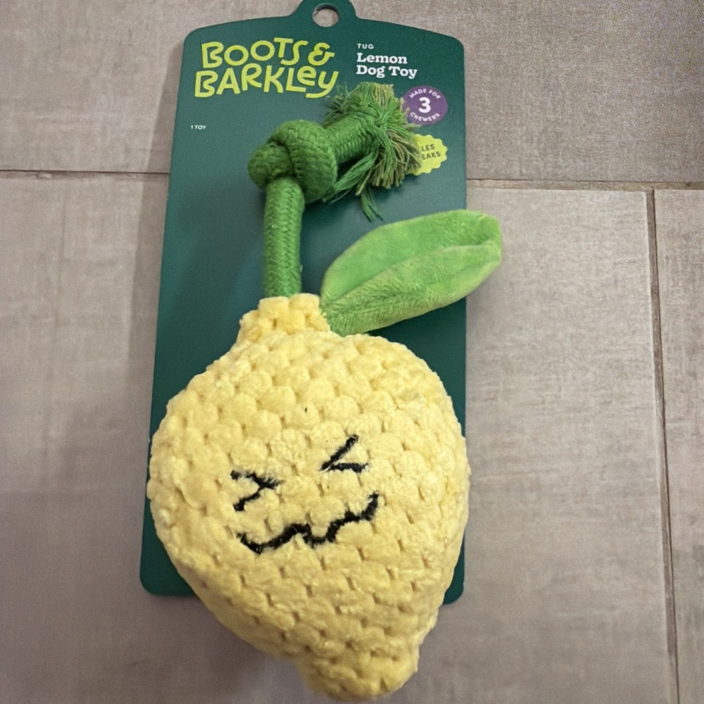 Boots & Barkley Tug Lemon Dog Toy Yellow Squeaky Crinkle Rope Chew Toy NEW